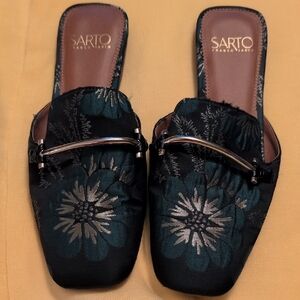 Franco Sarto Black and Gold Floral Mules